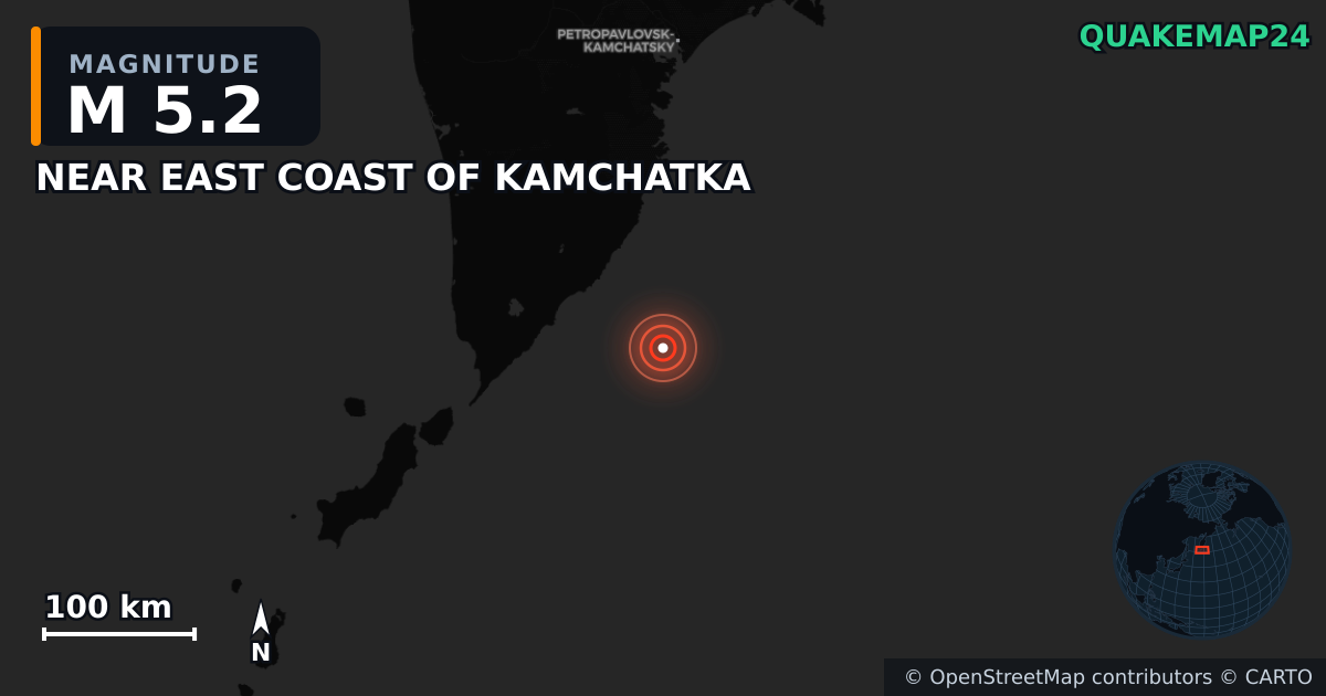 M5.2 earthquake near NEAR EAST COAST OF KAMCHATKA on Jul 30, 2025 — map of epicenter and shaking intensity | QuakeMap24