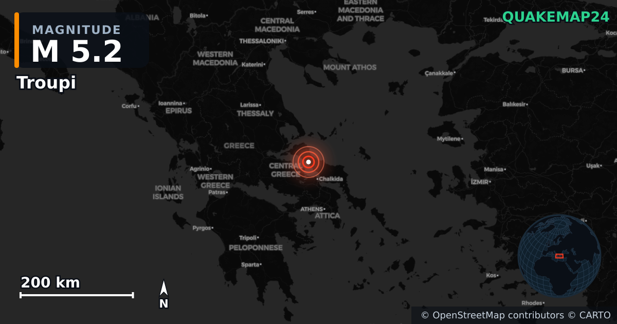 M5.2 earthquake near Troupi on Jun 7, 2026 — map of epicenter and shaking intensity | QuakeMap24