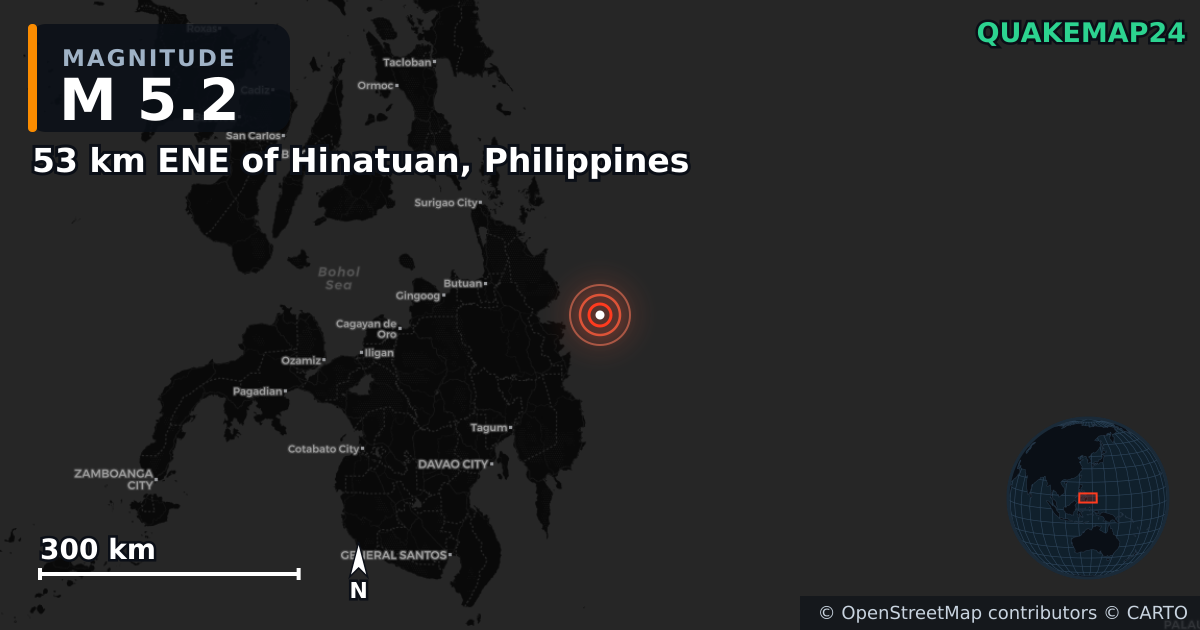Erdbeben M5,2 bei 53 km ENE of Hinatuan, Philippines — Karte der Lage des Epizentrums