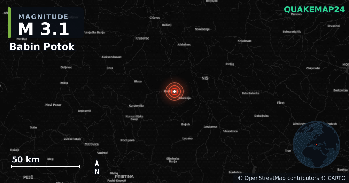 M3.1 earthquake near Babin Potok on Jul 13, 2026 — map of epicenter and shaking intensity | QuakeMap24