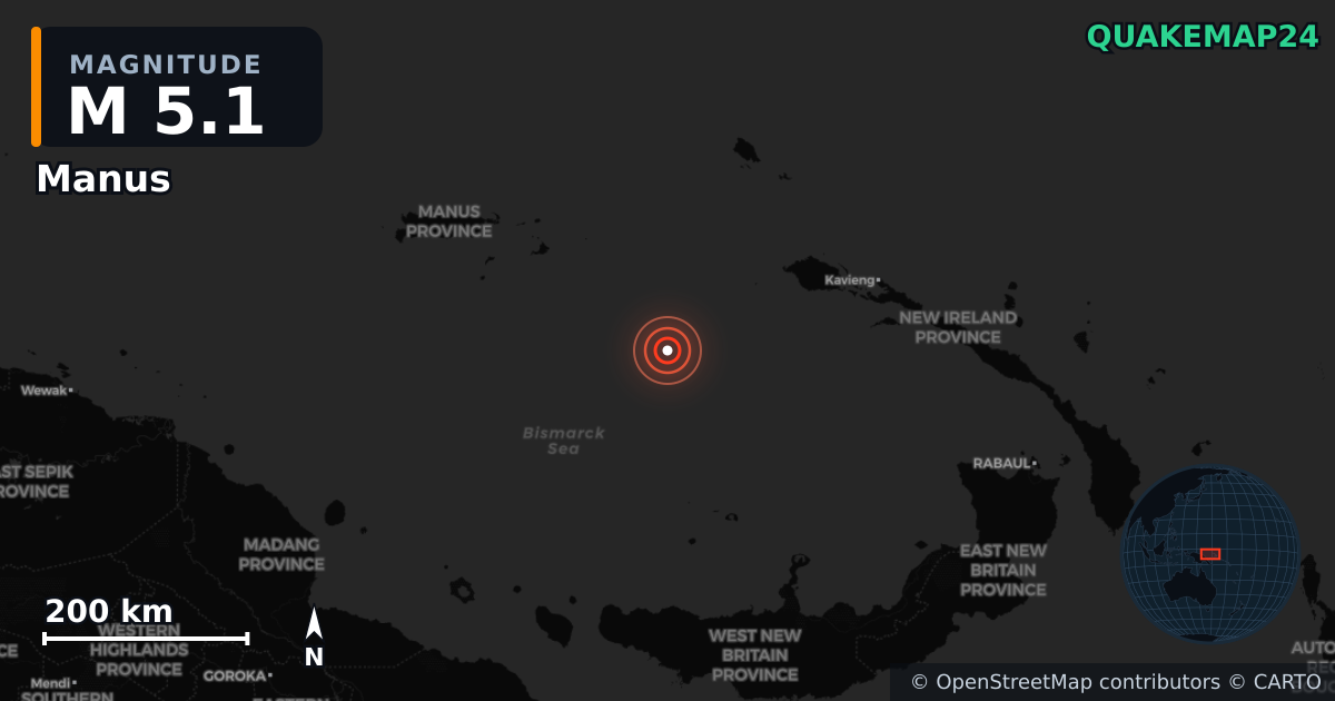 M5.1 earthquake near Manus on Oct 10, 2025 — map of epicenter and shaking intensity | QuakeMap24