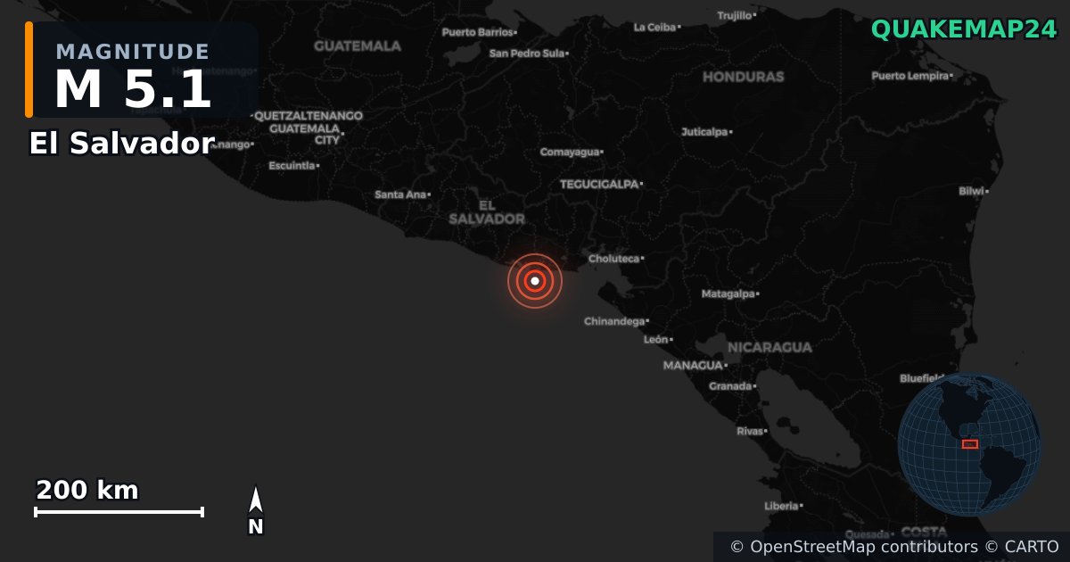 M5.1 earthquake near El Salvador on May 22, 2025 — map of epicenter and shaking intensity | QuakeMap24