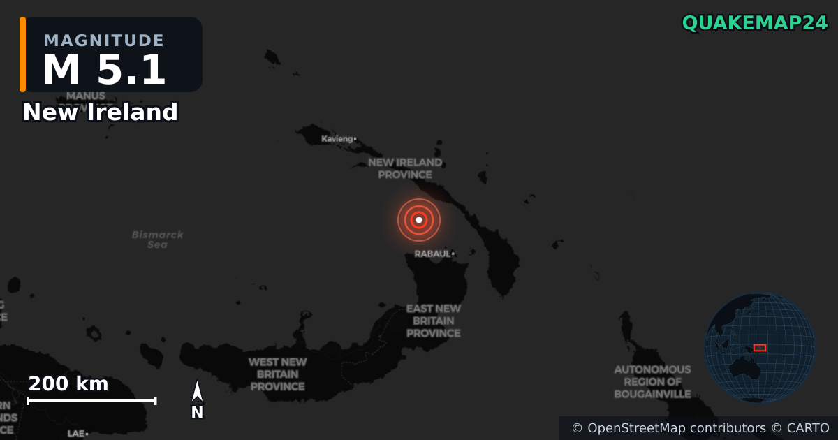 M5.1 earthquake near New Ireland on Jan 1, 2025 — map of epicenter and shaking intensity | QuakeMap24