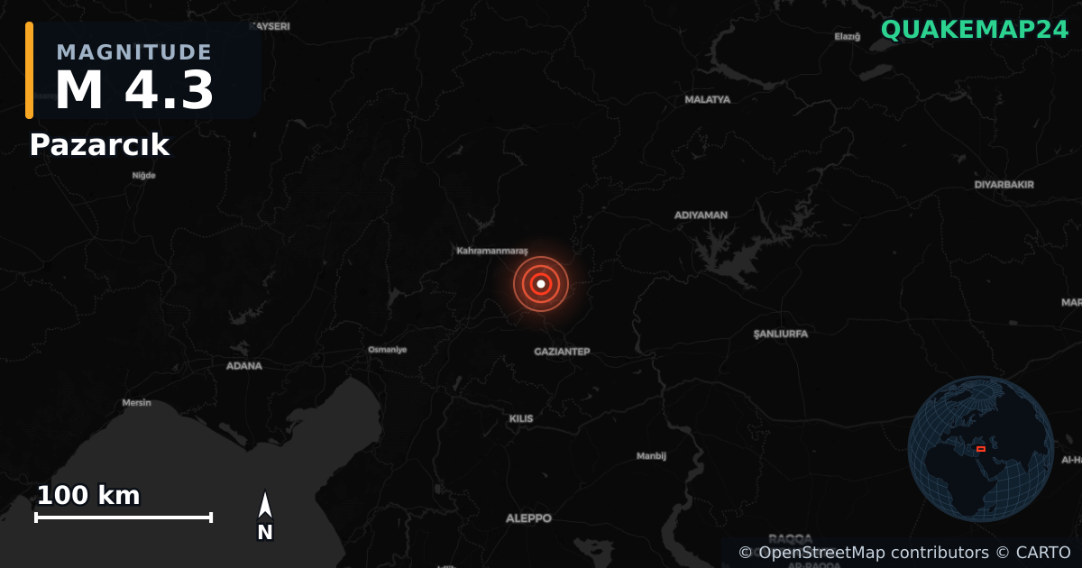 Pazarcık, Kahramanmaraş (Türkiye) yakınında M4,3 deprem · 2026-06-03 — Deprem merkez üssünün konumunu gösteren harita