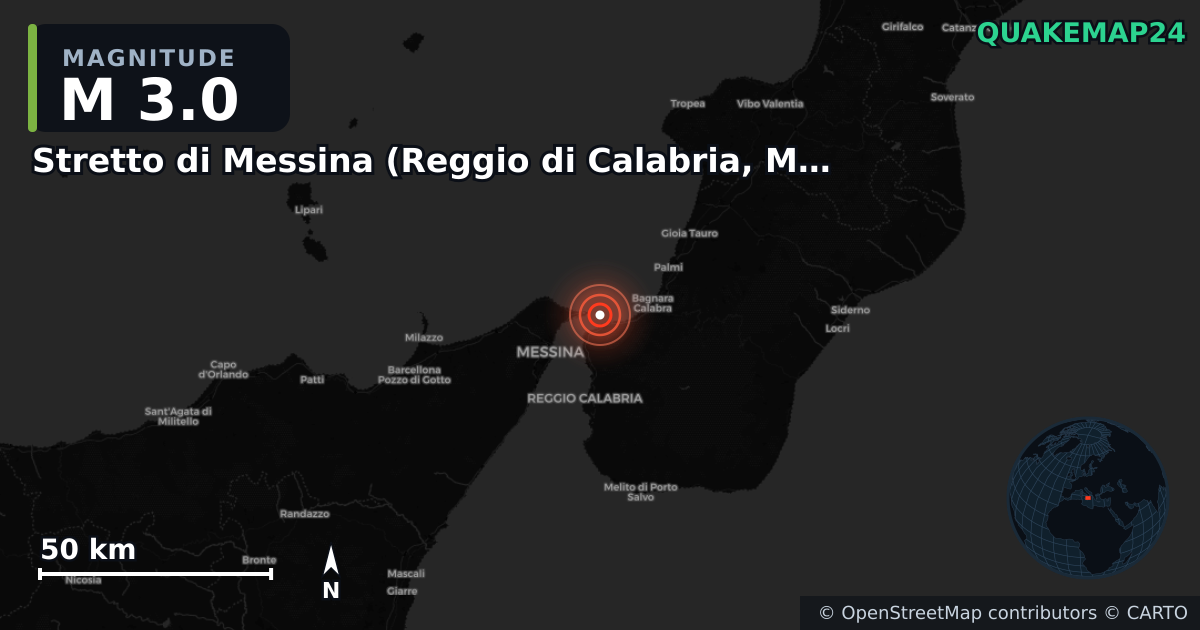 M3.0 earthquake near Stretto di Messina (Reggio di Calabria, Messina) on Oct 4, 2025 — map of epicenter and shaking intensity | QuakeMap24