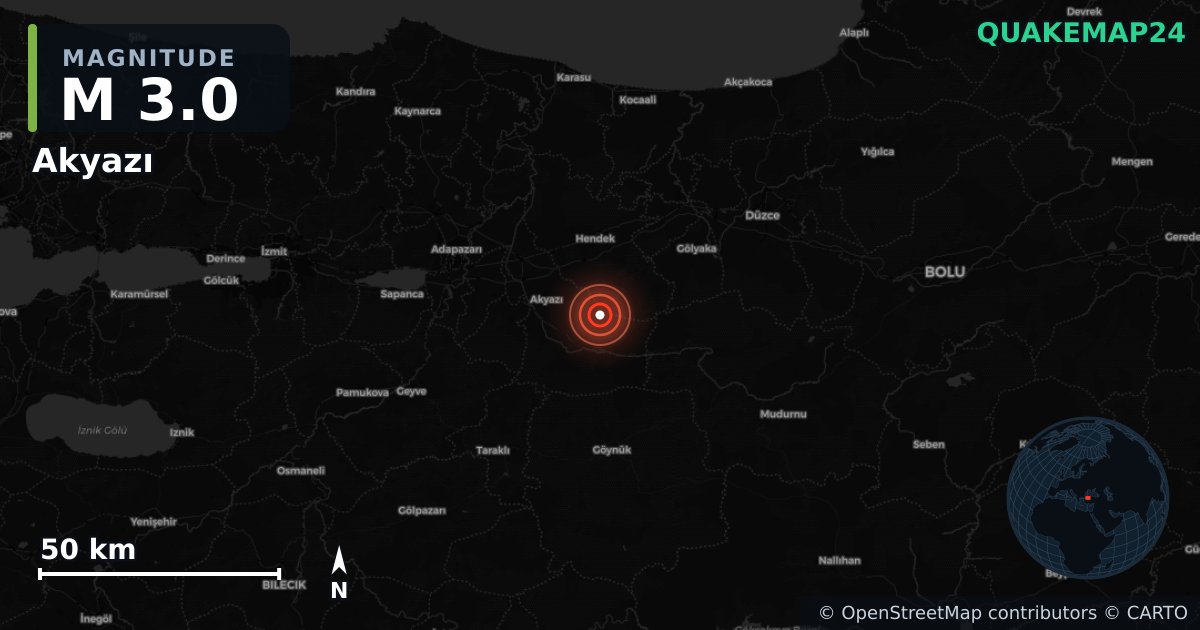 Akyazı (Türkiye) yakınında M3,0 deprem · 2025-12-20 — Deprem merkez üssünün konumunu gösteren harita