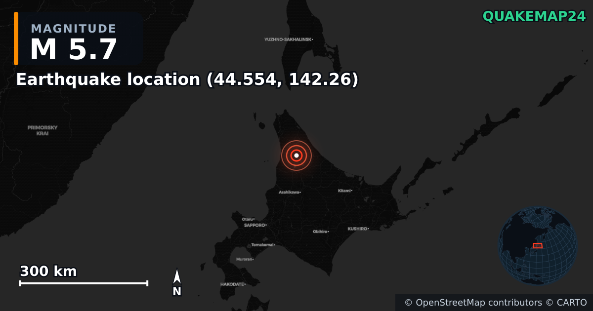 M5.7 earthquake near Deprem konumu (44.554, 142.26) on Dec 21, 2025 — map of epicenter and shaking intensity | QuakeMap24