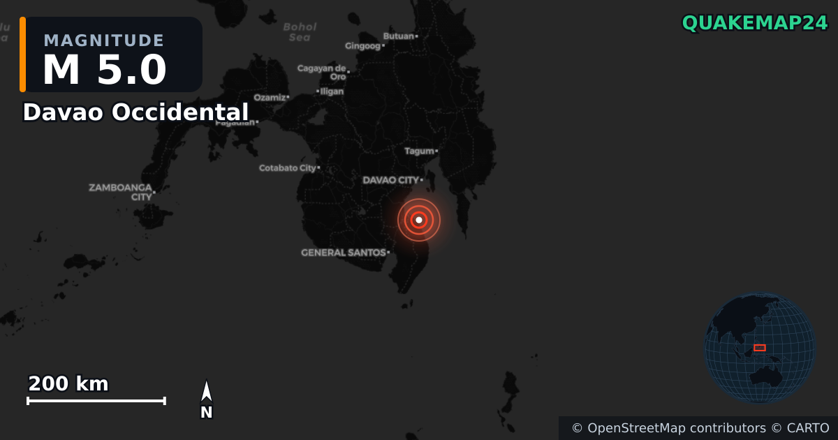 M5.0 earthquake near Davao Occidental on Nov 22, 2025 — map of epicenter and shaking intensity | QuakeMap24