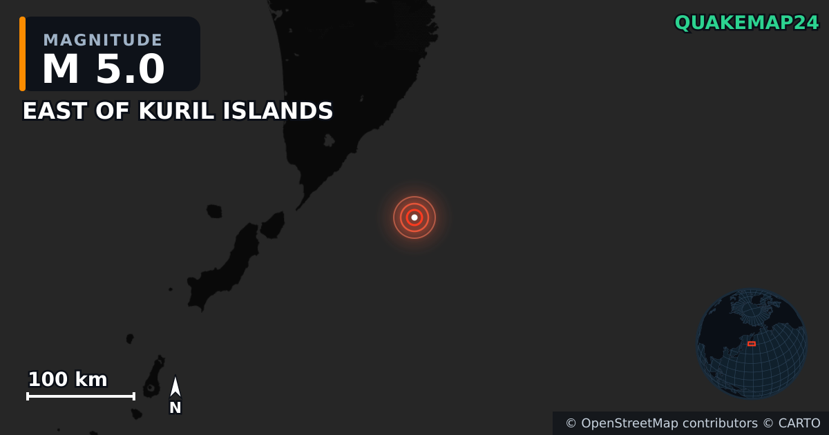 M5.0 earthquake near EAST OF KURIL ISLANDS on Aug 5, 2025 — map of epicenter and shaking intensity | QuakeMap24
