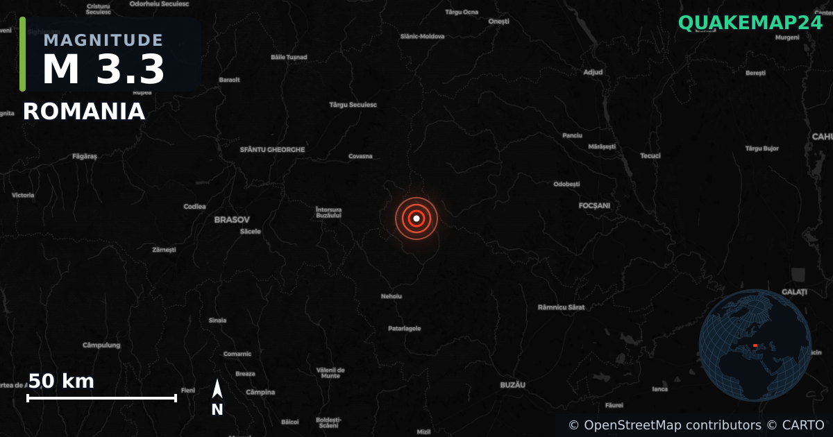 M3.3 earthquake near ROMANIA on Dec 1, 2025 — map of epicenter and shaking intensity | QuakeMap24
