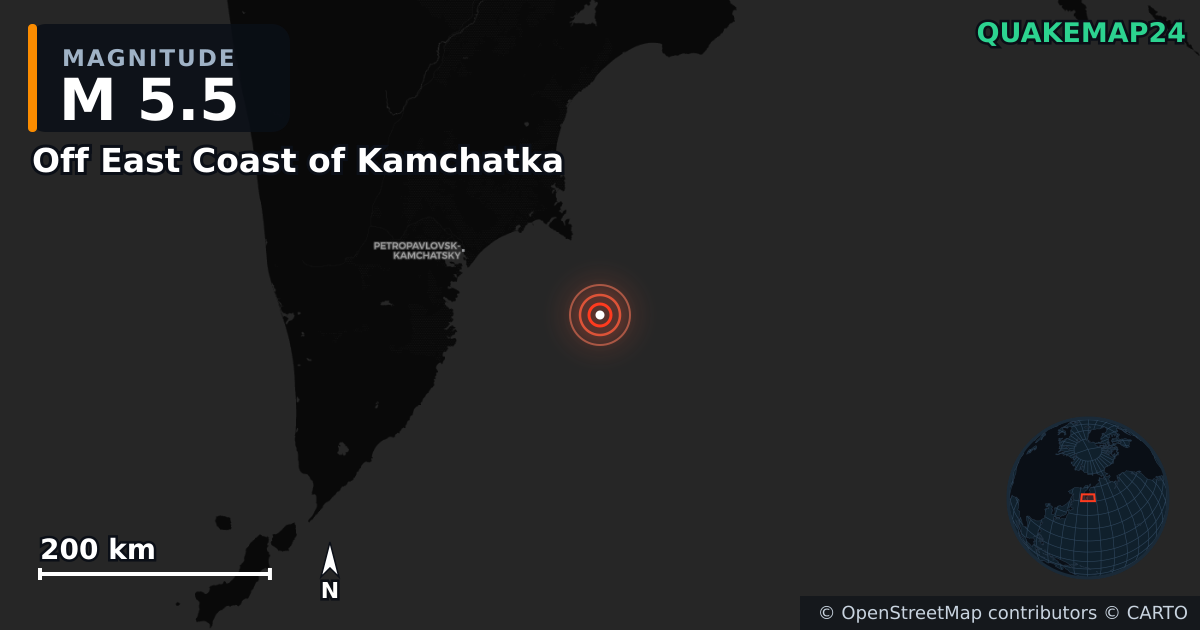 M5.5 earthquake near Off East Coast of Kamchatka on Jun 11, 2026 — map of epicenter and shaking intensity | QuakeMap24