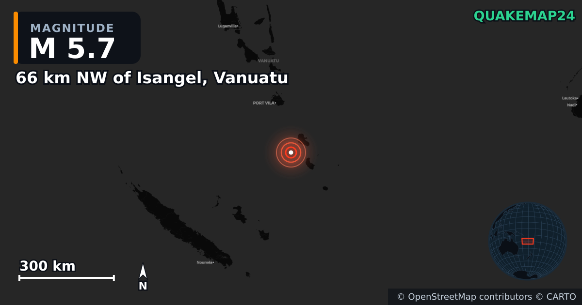 M5.7 earthquake near 66 km NW of Isangel, Vanuatu on Mar 28, 2025 — map of epicenter and shaking intensity | QuakeMap24