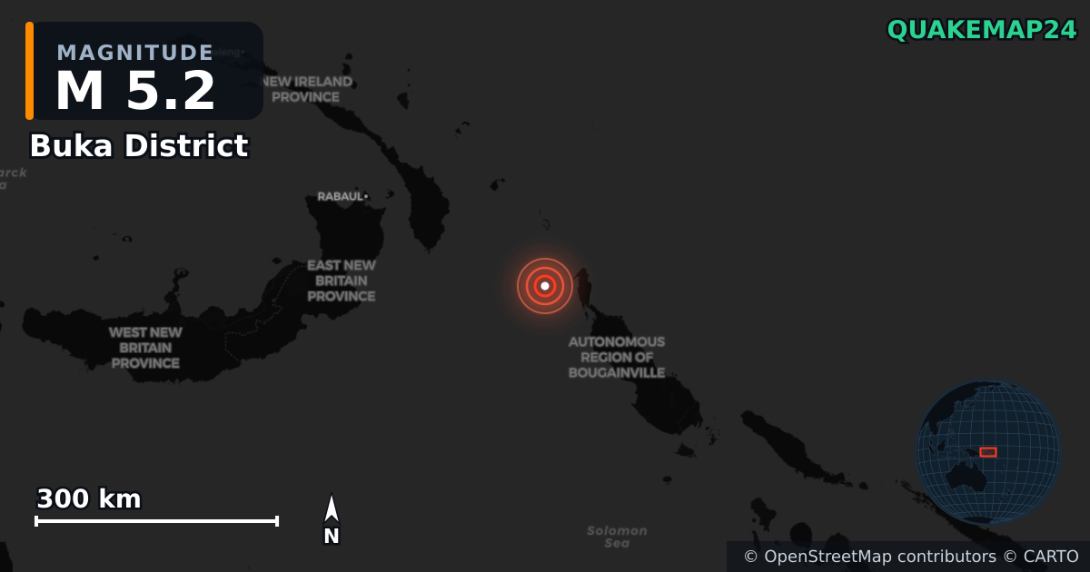 M5.2 earthquake near Buka District on Jan 29, 2026 — map of epicenter and shaking intensity | QuakeMap24