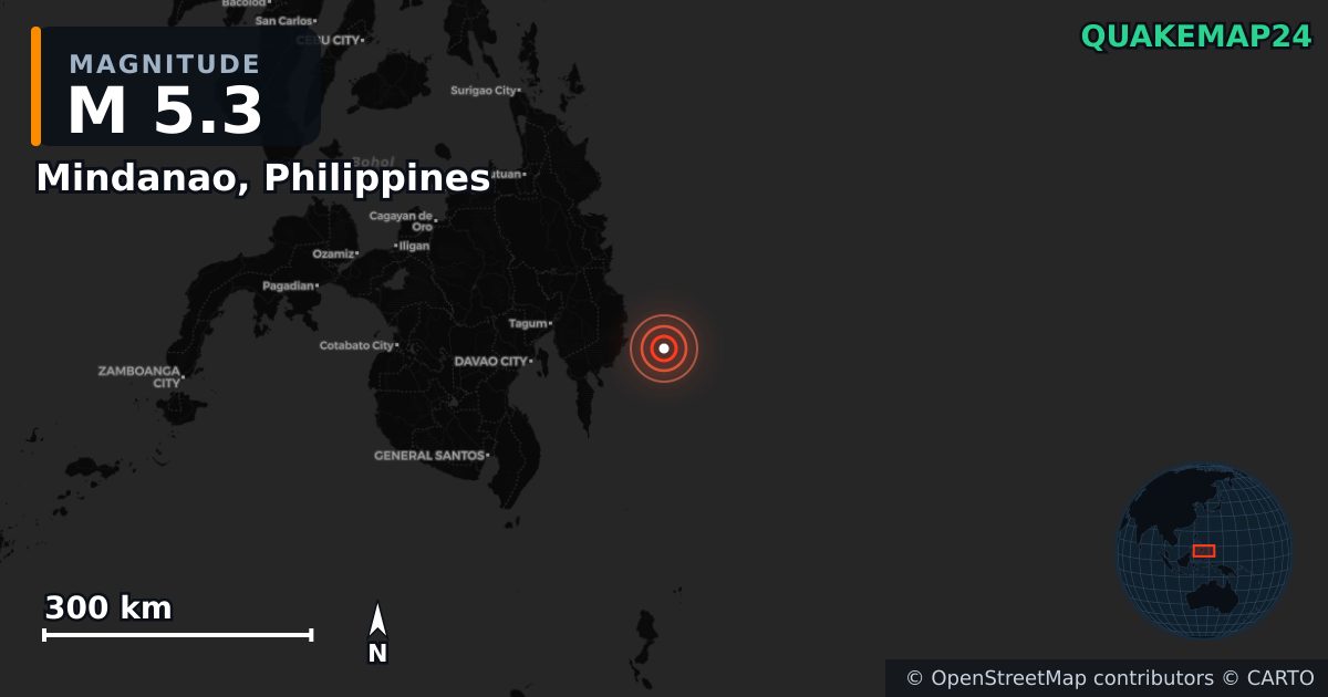 M5.3 earthquake near Mindanao, Philippines on Oct 10, 2025 — map of epicenter and shaking intensity | QuakeMap24