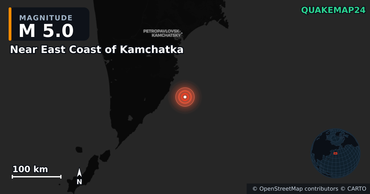 M5.0 earthquake near Near East Coast of Kamchatka on Jul 30, 2025 — map of epicenter and shaking intensity | QuakeMap24
