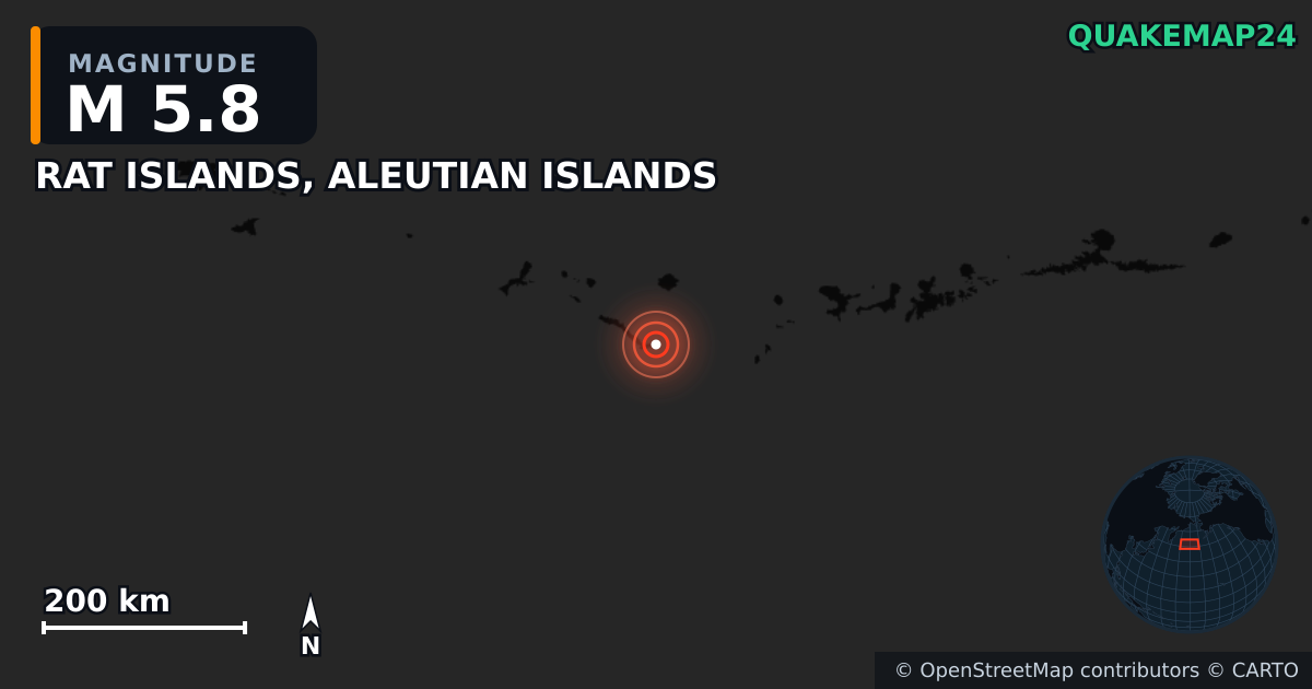 M5.8 earthquake near RAT ISLANDS, ALEUTIAN ISLANDS on May 9, 2026 — map of epicenter and shaking intensity | QuakeMap24