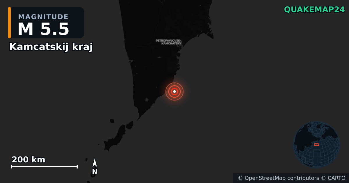 M5.5 earthquake near Kamcatskij kraj on Oct 9, 2025 — map of epicenter and shaking intensity | QuakeMap24