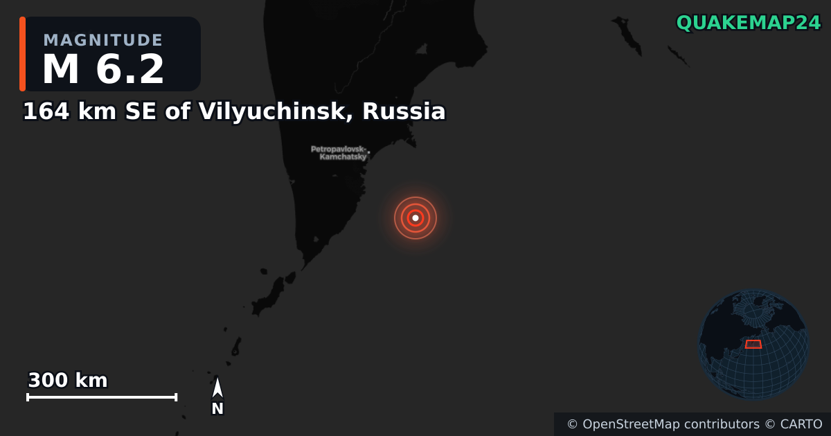 M6.2 earthquake near 164 km SE of Vilyuchinsk, Russia on Aug 1, 2025 — map of epicenter and shaking intensity | QuakeMap24
