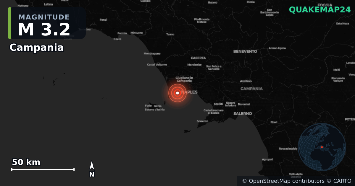 M3.2 earthquake near Campania on Jun 6, 2025 — map of epicenter and shaking intensity | QuakeMap24