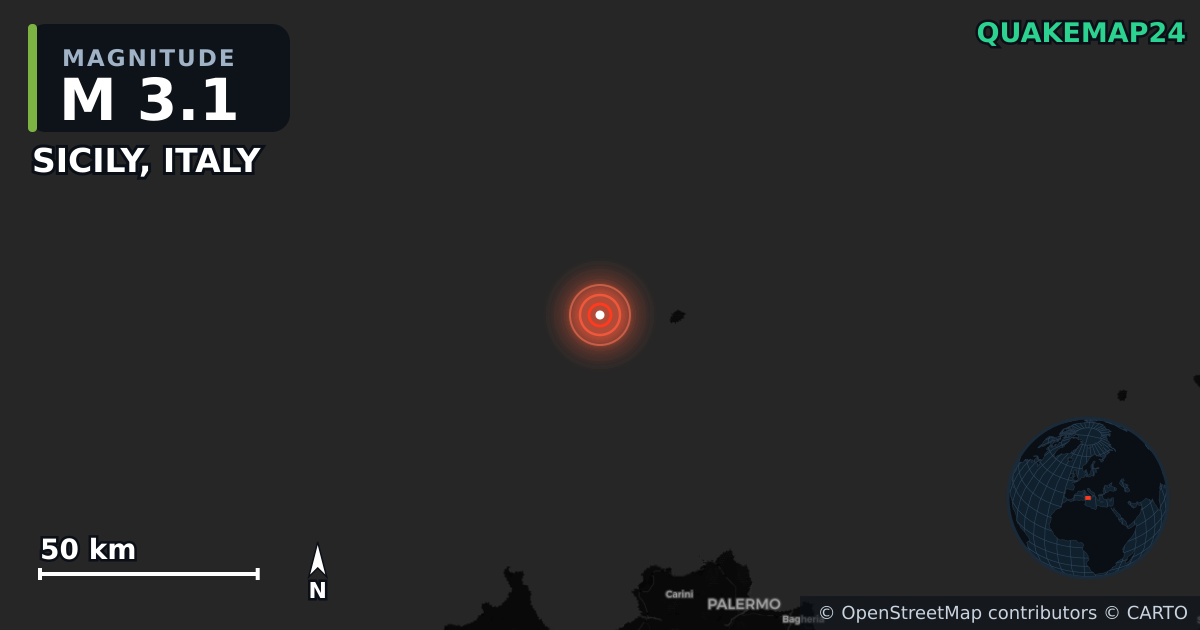 M3.1 earthquake near SICILY, ITALY on Jun 8, 2025 — map of epicenter and shaking intensity | QuakeMap24