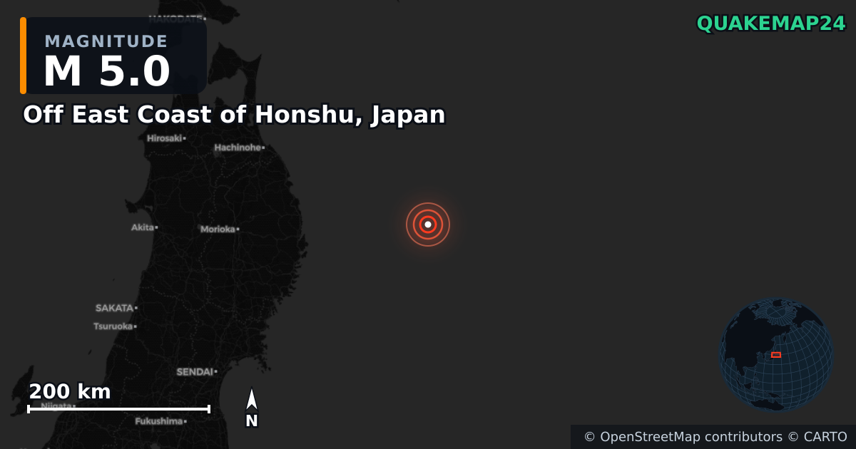 M5.0 earthquake near Off East Coast of Honshu, Japan on Nov 12, 2025 — map of epicenter and shaking intensity | QuakeMap24