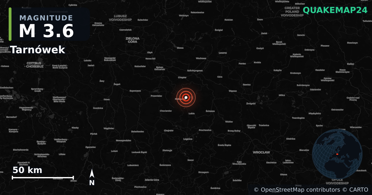 Sismo de M3,6 perto de Tarnówek, Lower Silesian Voivodeship (Polônia) · 2026-10-09 — Mapa da localização do epicentro