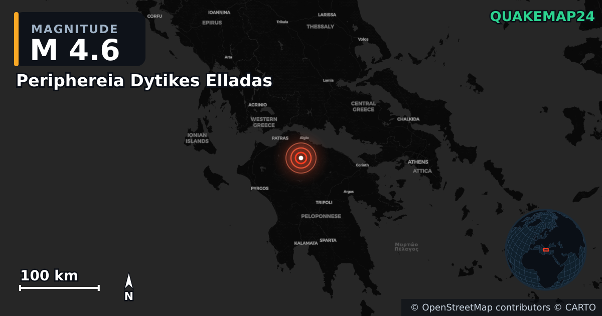 M4.6 earthquake near Periphereia Dytikes Elladas on Dec 6, 2025 — map of epicenter and shaking intensity | QuakeMap24
