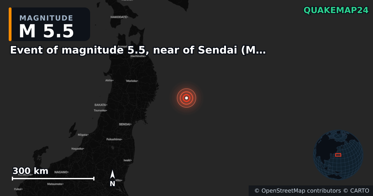 M5.5 earthquake near Event of magnitude 5.5, near of Sendai (Monde) on Nov 10, 2025 — map of epicenter and shaking intensity | QuakeMap24