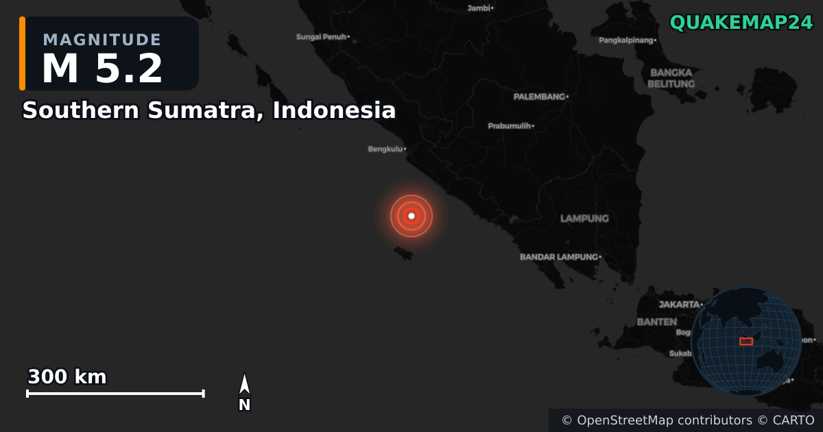 Southern Sumatra, Indonesia yakınında M5,2 deprem — Deprem merkez üssünün konumunu gösteren harita