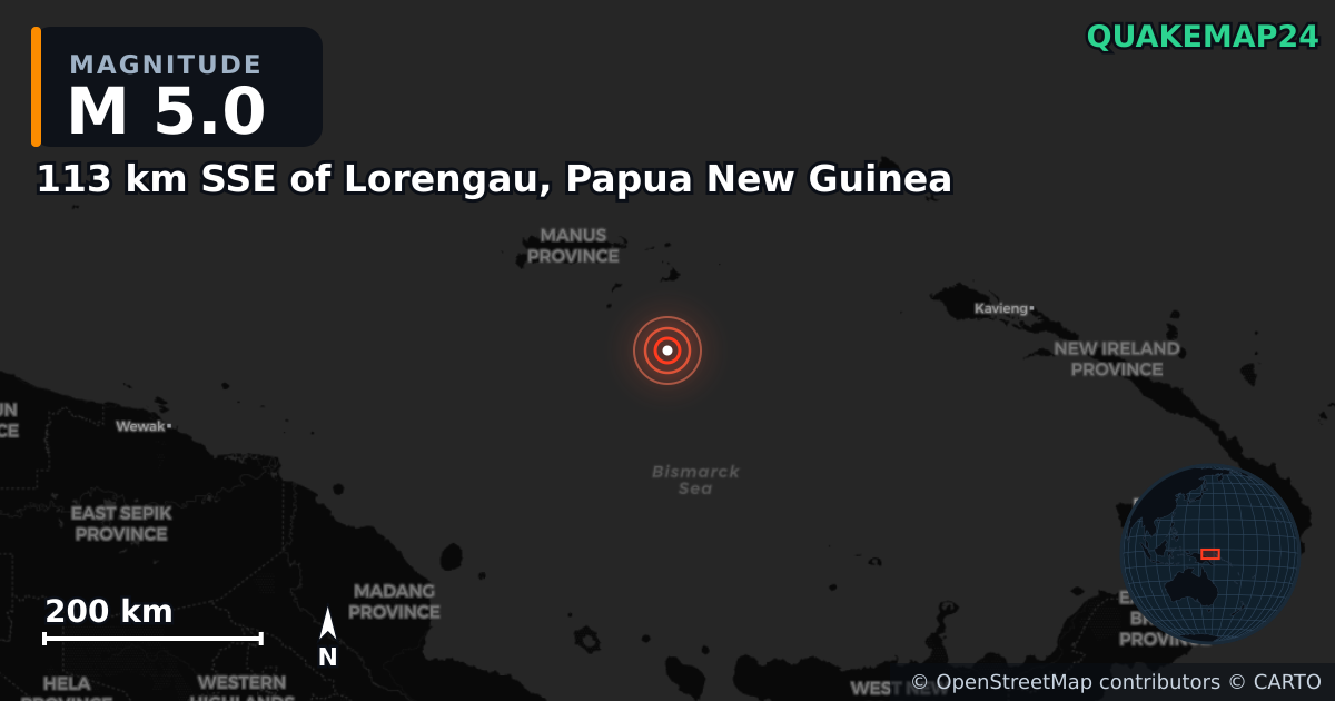 M5.0 earthquake near 113 km SSE of Lorengau, Papua New Guinea on May 9, 2026 — map of epicenter and shaking intensity | QuakeMap24