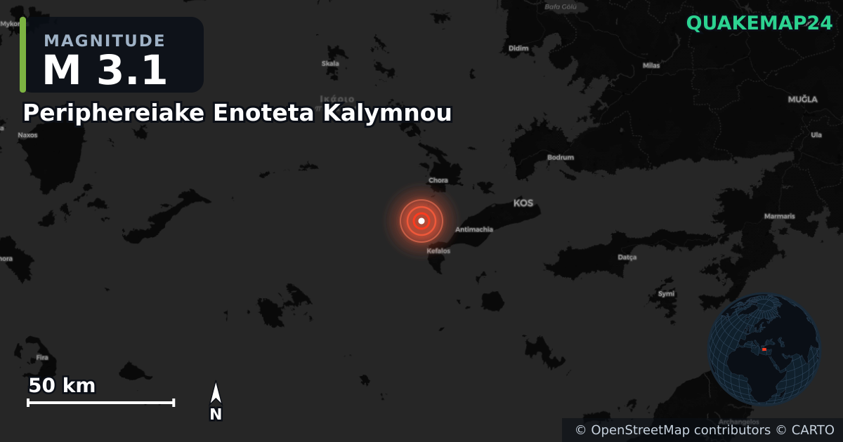 M3.1 earthquake near Periphereiake Enoteta Kalymnou on Mar 22, 2026 — map of epicenter and shaking intensity | QuakeMap24