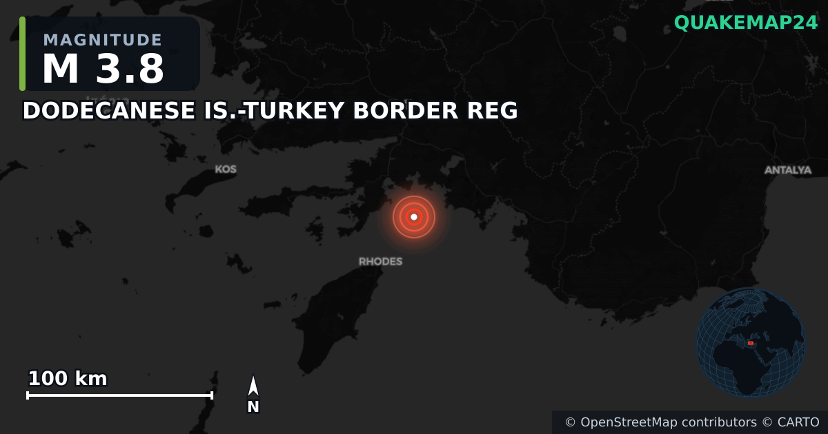 M3.8 earthquake near DODECANESE IS.-TURKEY BORDER REG on Jul 29, 2026 — map of epicenter and shaking intensity | QuakeMap24