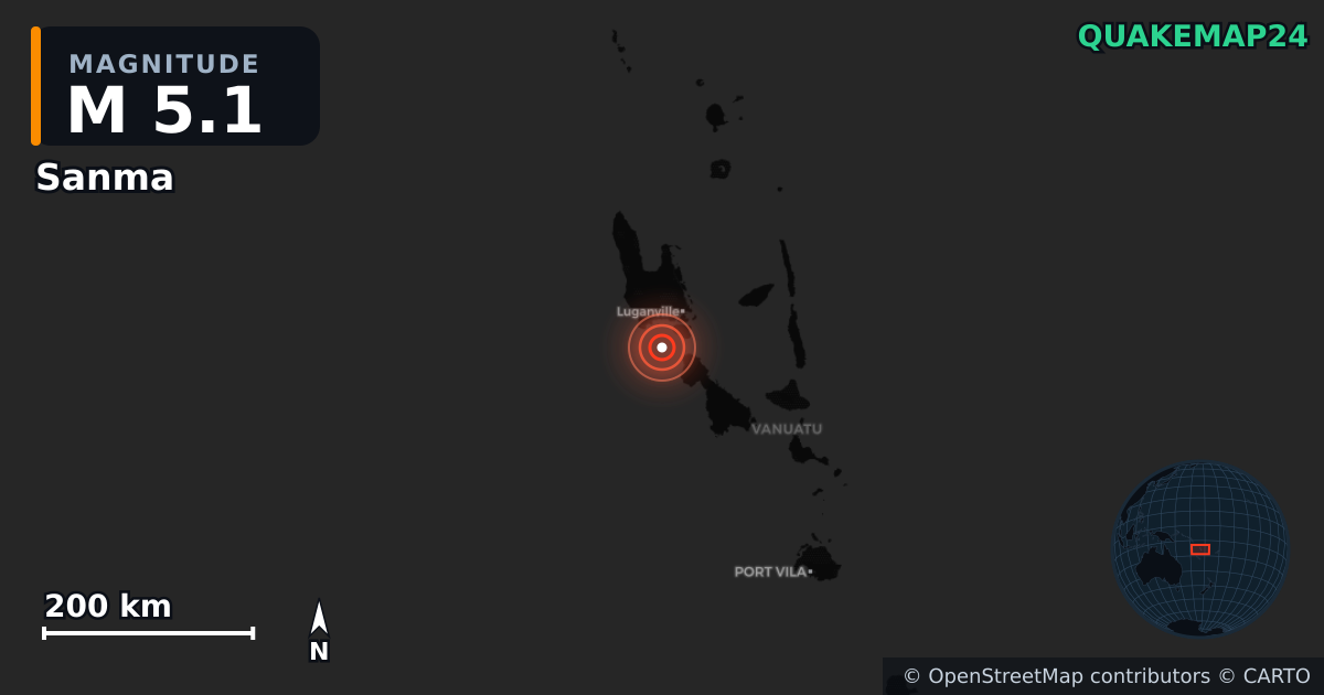 M5.1 earthquake near Sanma on May 28, 2025 — map of epicenter and shaking intensity | QuakeMap24