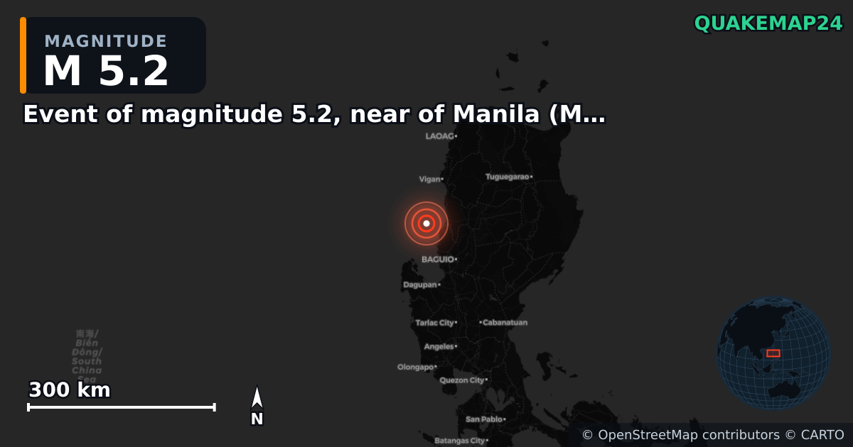M5.2 earthquake near Event of magnitude 5.2, near of Manila (Monde) on Sep 18, 2025 — map of epicenter and shaking intensity | QuakeMap24