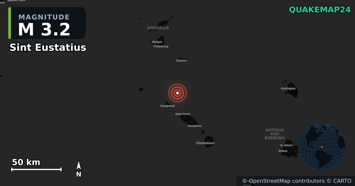 M3.2 earthquake near Sint Eustatius on Aug 26, 2026 — map of epicenter and shaking intensity | QuakeMap24