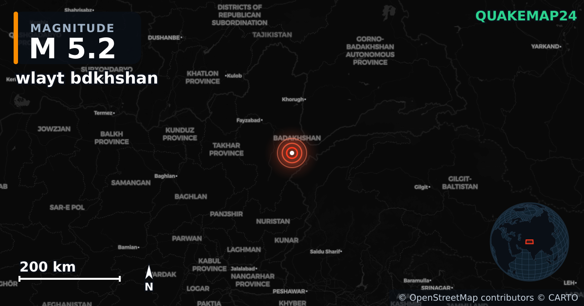 M5.2 earthquake near wlayt bdkhshan on Oct 21, 2025 — map of epicenter and shaking intensity | QuakeMap24