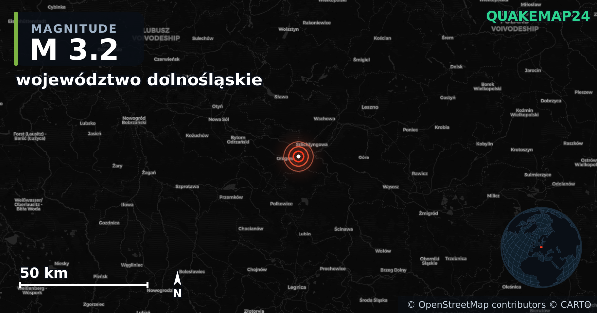 M3.2 earthquake near województwo dolnośląskie on Sep 4, 2025 — map of epicenter and shaking intensity | QuakeMap24