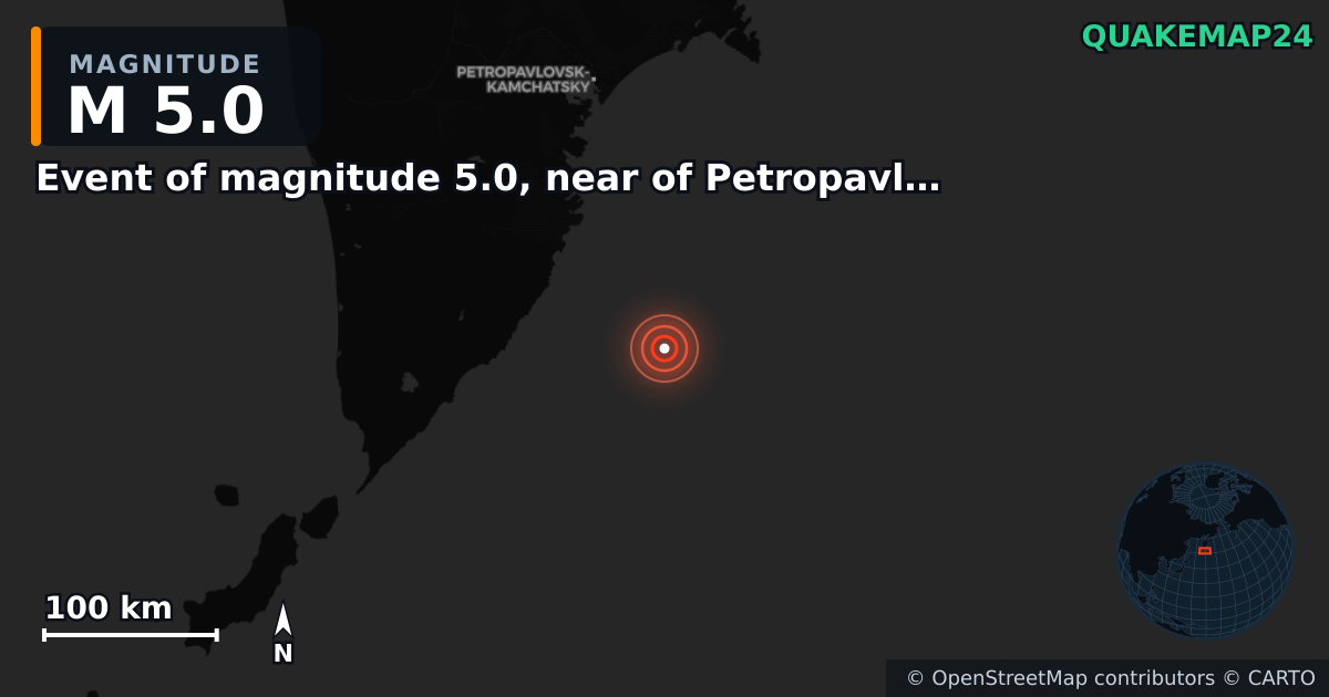 M5.0 earthquake near Event of magnitude 5.0, near of Petropavlovsk Kamchatskiy (Monde) on Aug 24, 2025 — map of epicenter and shaking intensity | QuakeMap24