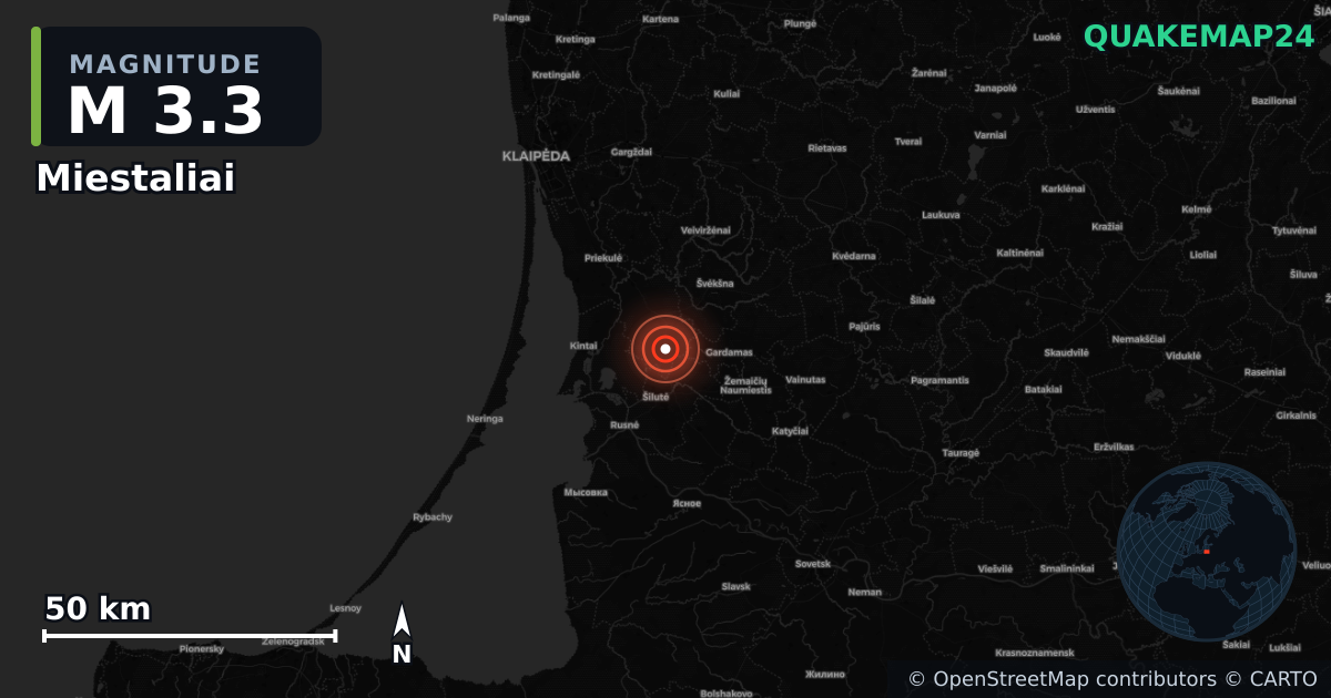 M3.3 earthquake near Miestaliai on Dec 14, 2025 — map of epicenter and shaking intensity | QuakeMap24