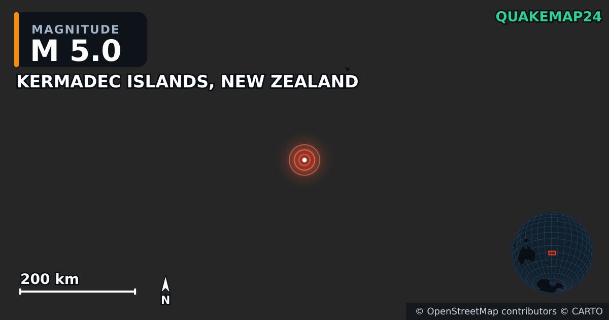 M5.0 earthquake near KERMADEC ISLANDS, NEW ZEALAND on May 31, 2026 — map of epicenter and shaking intensity | QuakeMap24
