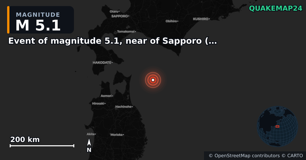 M5.1 earthquake near Event of magnitude 5.1, near of Sapporo (Monde) on Dec 17, 2025 — map of epicenter and shaking intensity | QuakeMap24