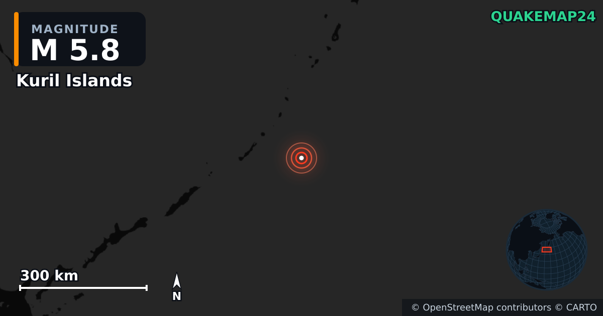M5.8 earthquake near Kuril Islands on Feb 22, 2026 — map of epicenter and shaking intensity | QuakeMap24
