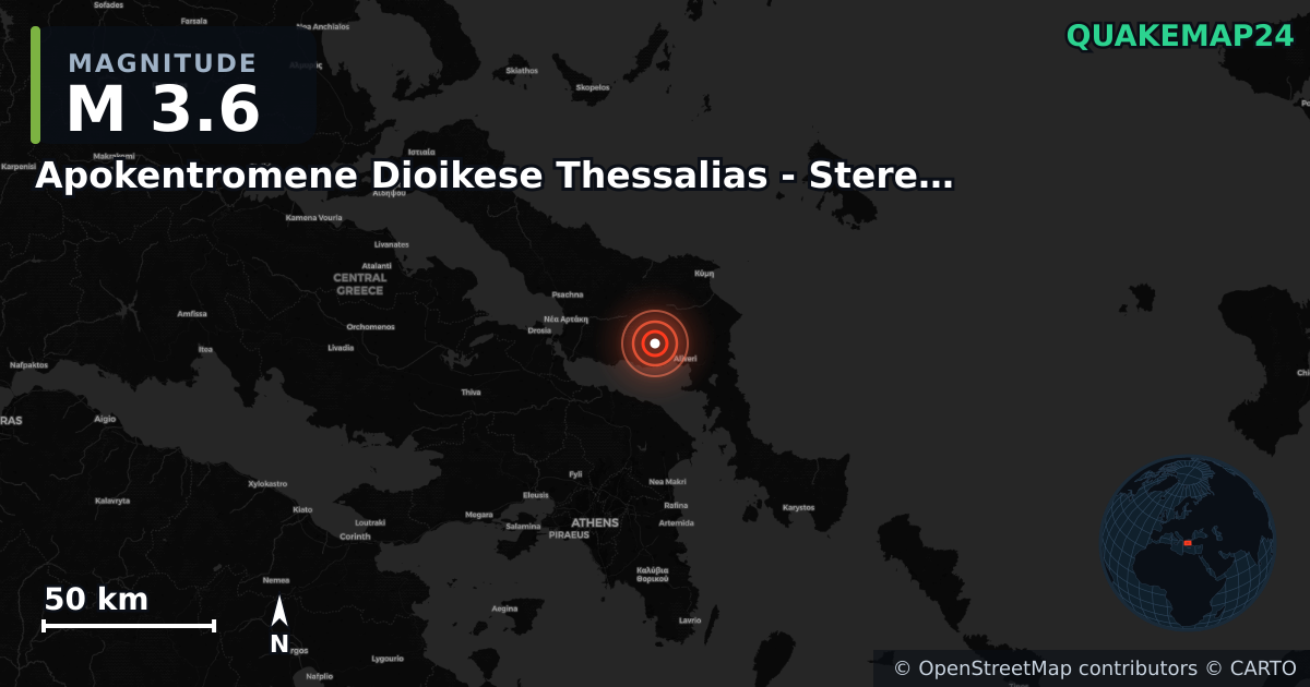 M3.6 earthquake near Apokentromene Dioikese Thessalias - Stereas Ellados on Aug 3, 2025 — map of epicenter and shaking intensity | QuakeMap24