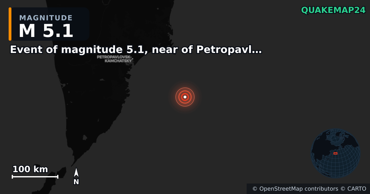 M5.1 earthquake near Event of magnitude 5.1, near of Petropavlovsk Kamchatskiy (Monde) on Sep 18, 2025 — map of epicenter and shaking intensity | QuakeMap24