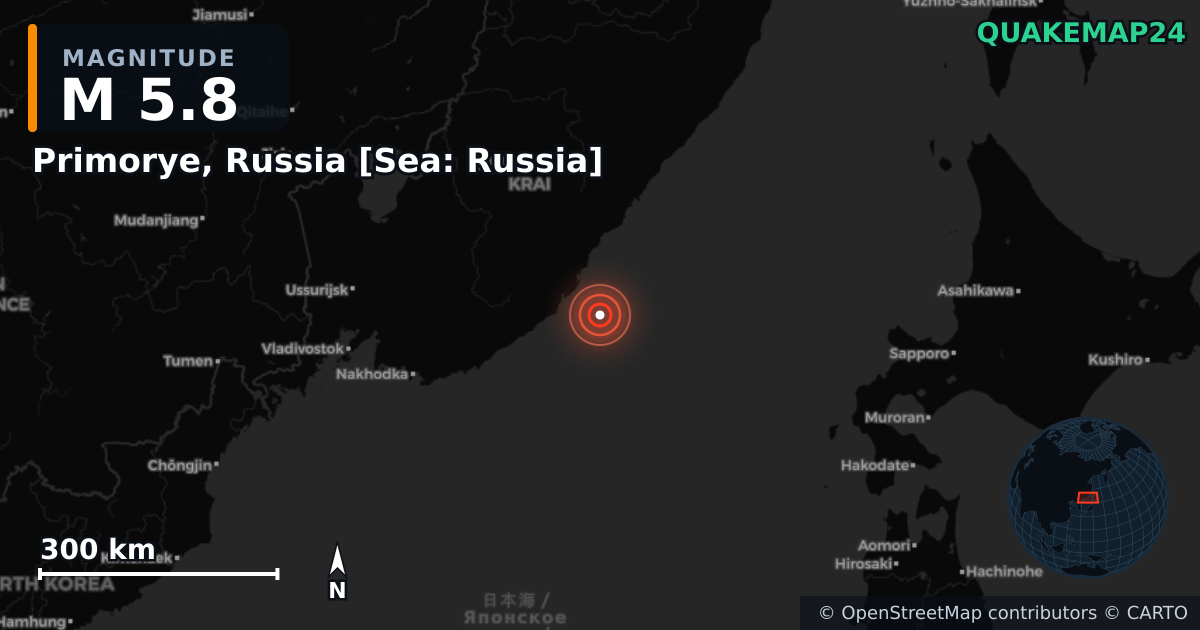 M5.8 earthquake near Primorye, Russia [Sea: Russia] on Jun 10, 2026 — map of epicenter and shaking intensity | QuakeMap24