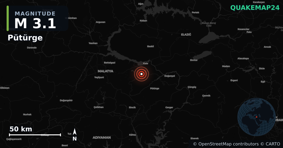 M3.1 earthquake near Pütürge on Aug 20, 2025 — map of epicenter and shaking intensity | QuakeMap24