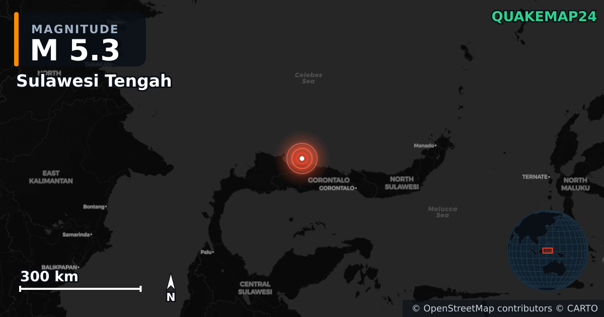 M5.3 earthquake near Sulawesi Tengah on Oct 28, 2025 — map of epicenter and shaking intensity | QuakeMap24