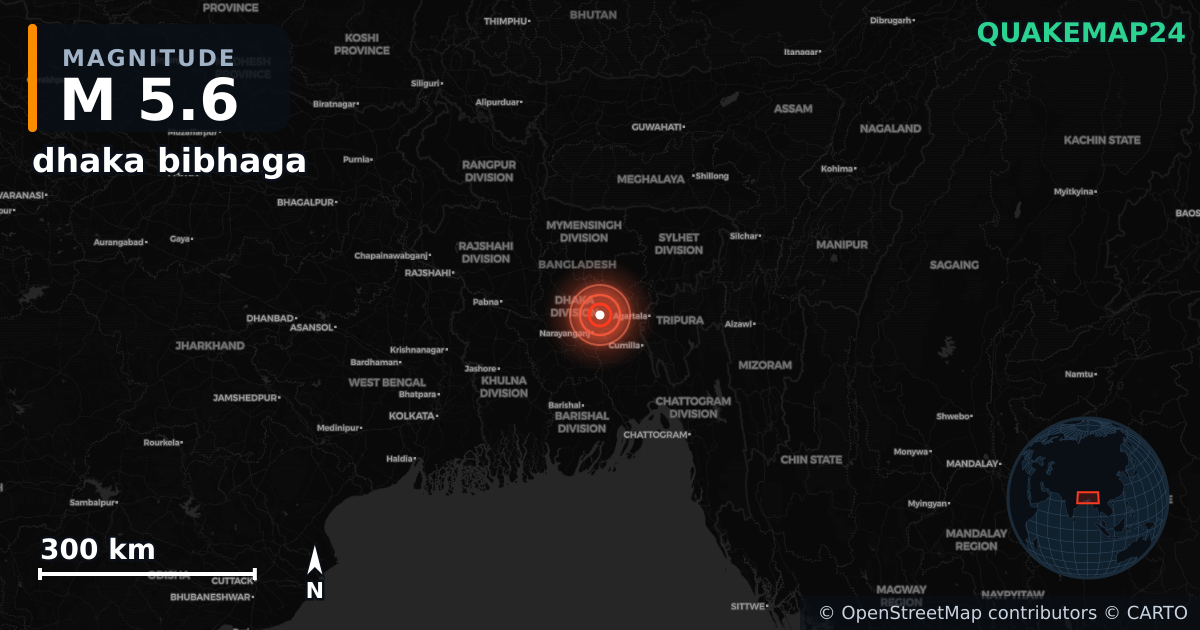 M5.6 earthquake near dhaka bibhaga on Nov 21, 2025 — map of epicenter and shaking intensity | QuakeMap24