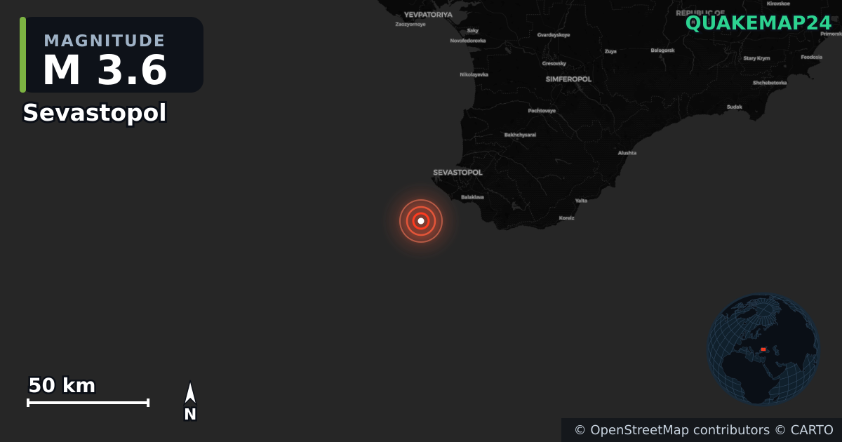 M3.6 earthquake near Sevastopol on Jun 22, 2026 — map of epicenter and shaking intensity | QuakeMap24