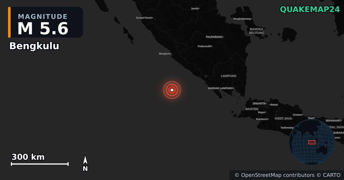 M5.6 earthquake near Bengkulu on Dec 27, 2025 — map of epicenter and shaking intensity | QuakeMap24